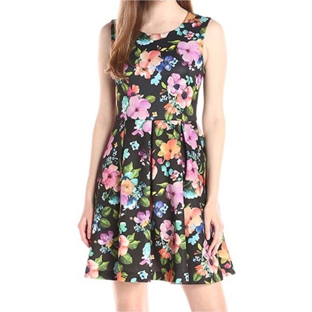 Betsey Johnson Black Floral Sleeveless Fit & Flare Pleated Scuba Dress Fall
